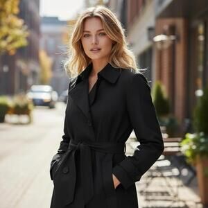 London Fog FOG Women’s Black Trench Coat Jacket Size Large Classic Belted